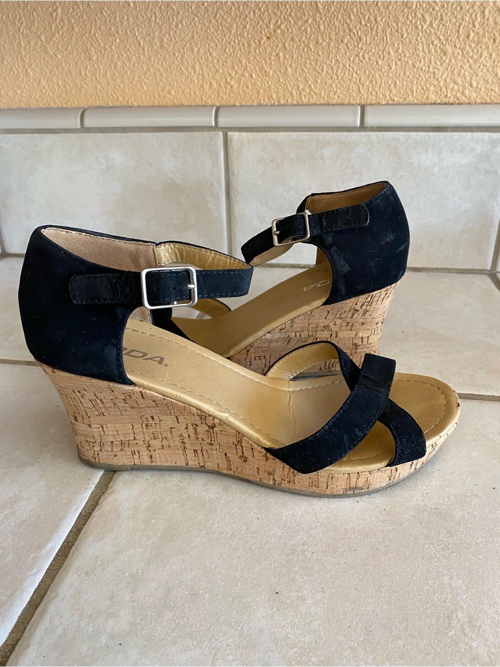 Soda Black Suede Cork Wedge Sandals with Ankle Buckle